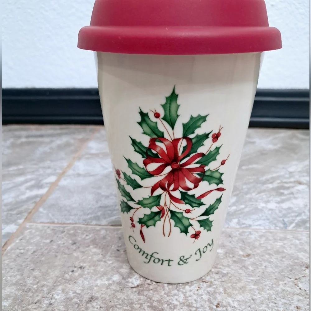 Lenox Ceramic Mug Holiday Edition Reuseable Holly Bow Pattern Collectible